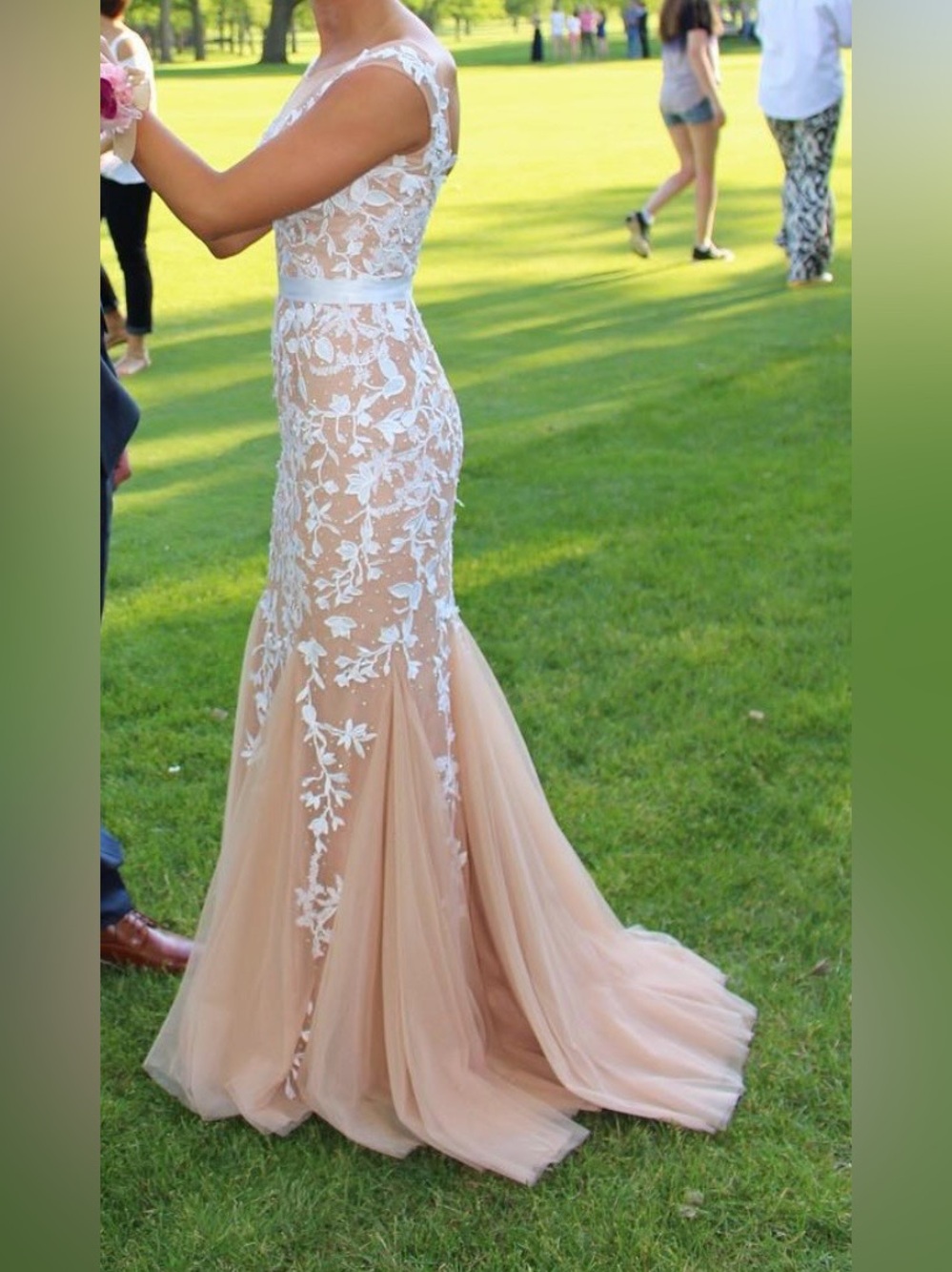 Sherri Hill Nude and White Lace Appliqué Mermaid Gown - Picture 4 of 5
